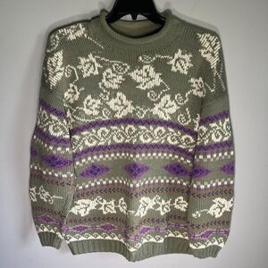 VTG Nomadic Traders Sweater Heavy Chunky Knit Medium Green Peru Cottagecore Leaf